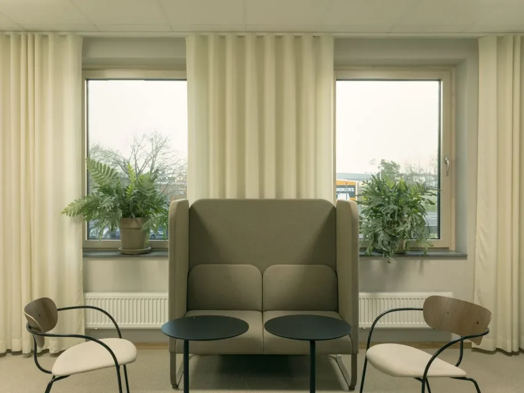Interior of an office with windows, seating furniture and plants by the windows.