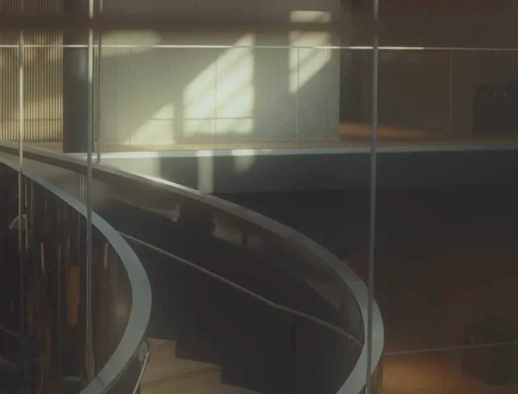 Interior of modern building with soft sunlight over glass walls and wooden and metal spiral staircase.