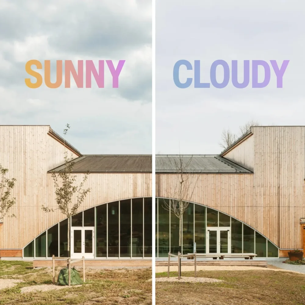 Split image of a wood-clad building with large arched windows, where the left side shows a sunny day with the word SUNNY in colorful text, and the right side shows a cloudy day with the word CLOUD in blue text.