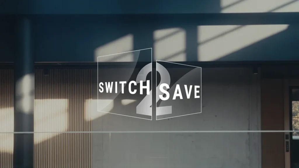 The text "Switch2Save" in white against a background of a modern building interior with concrete walls and shadow play.