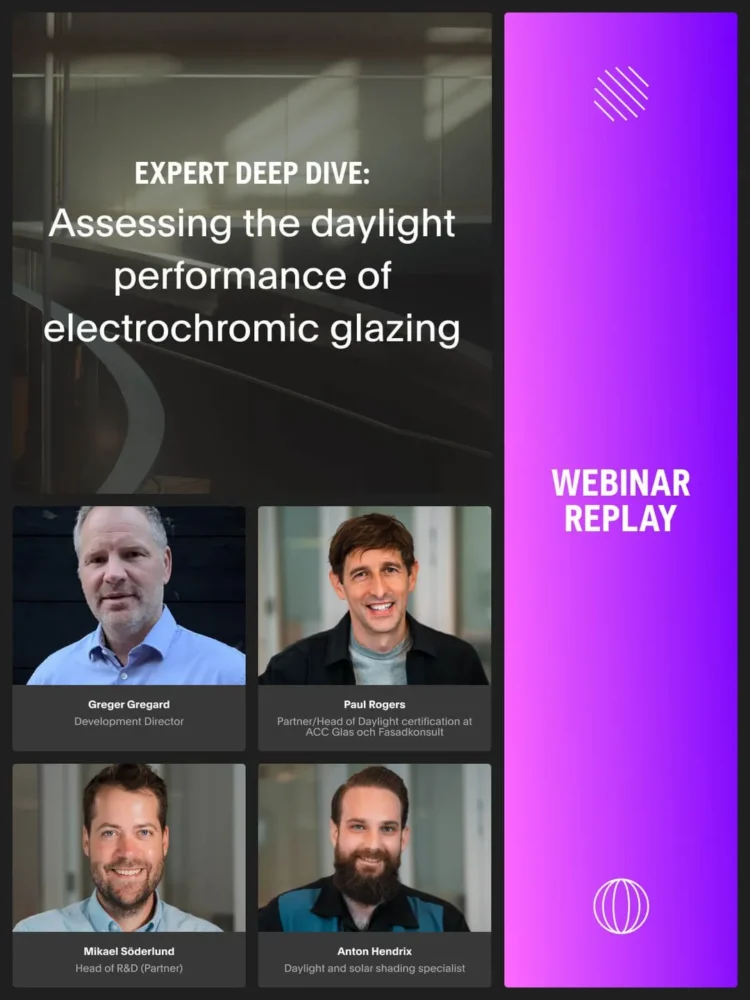 Promotional image for a webinar with experts discussing daylight performance of electrochromic glass.