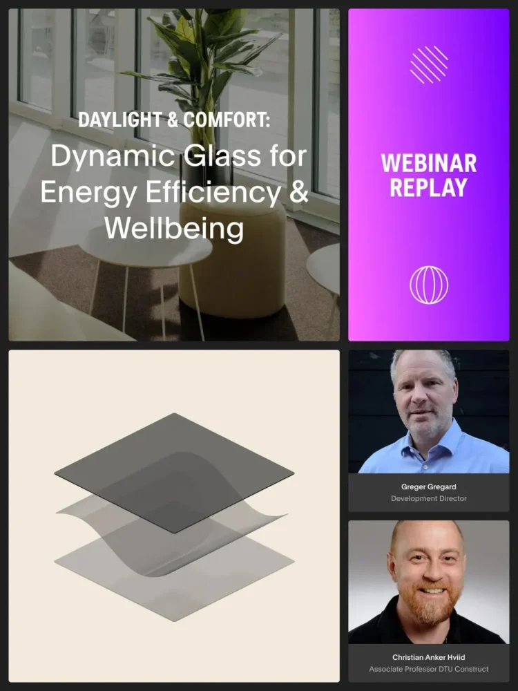 Webinar collage with portraits of two speakers, the text 'WEBINAR REPLAY', stylized icons and graphic discs in layers.