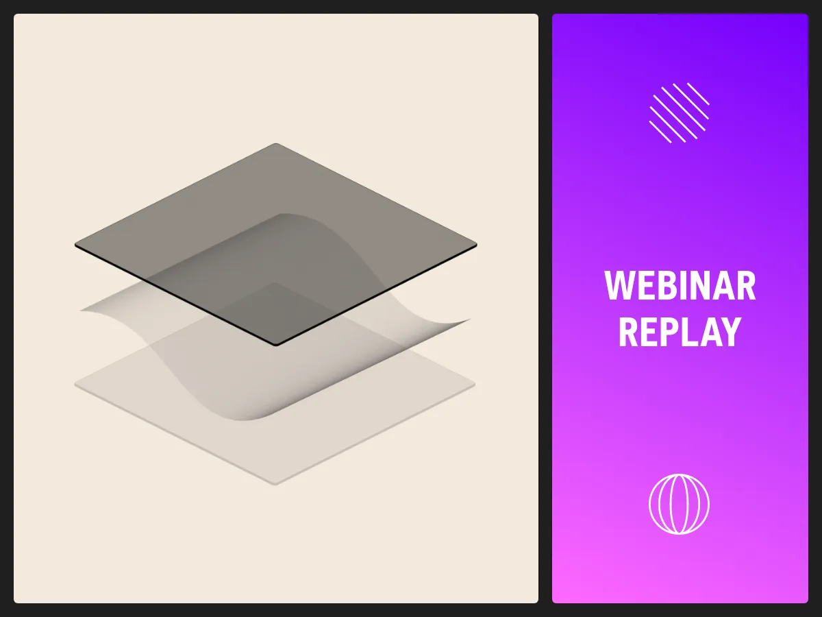 Grafiken zur Bewerbung einer Webinar-Aufzeichnung sowie eine 3D-Darstellung von Glasplatten in mehreren Schichten.