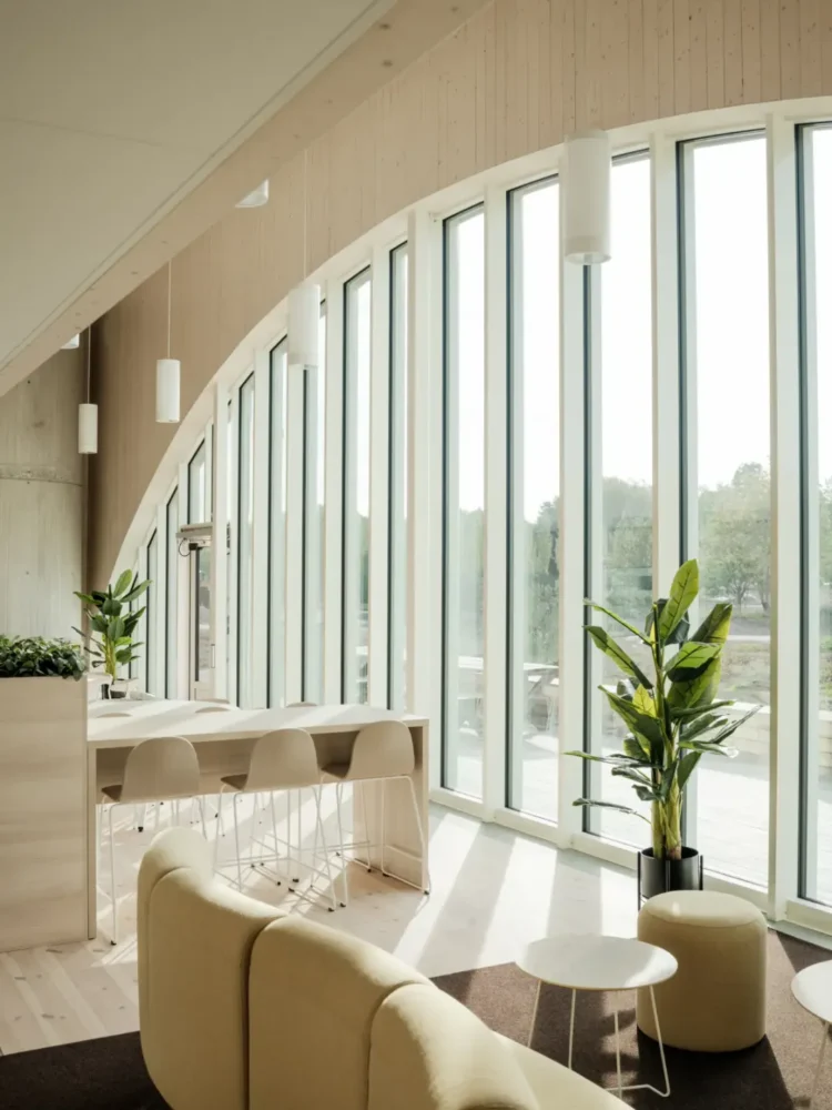 Interior image of a bright lunchroom with large windows, wood panels, plants and modern furniture.