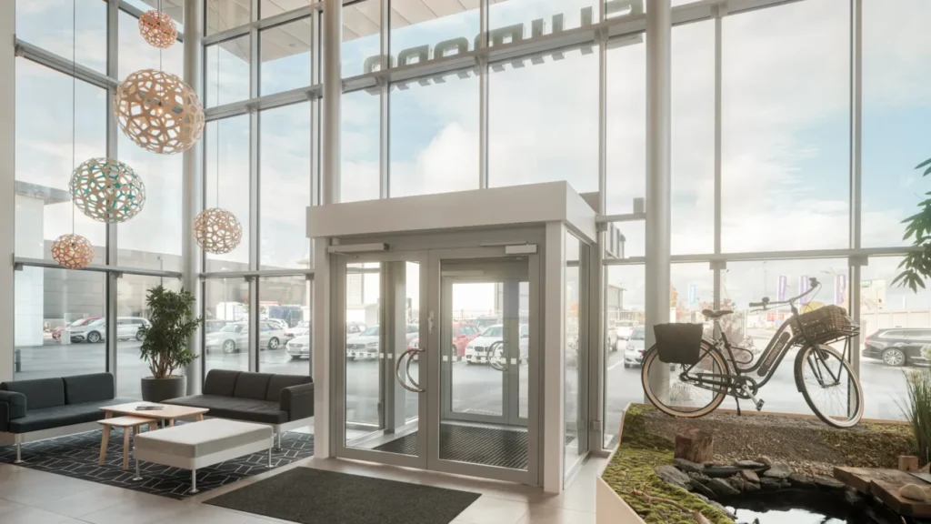 Entrance hall with large glass panels and modern furnishings, including a sofa set and hanging lamps.